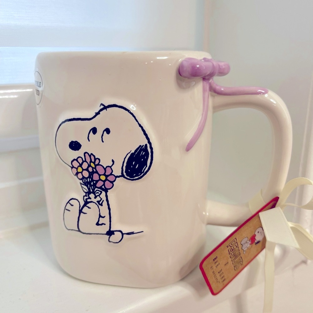 Rae Dunn x Peanuts Ceramic Coffee Mug (LOVE - Bouquet with Purple Ribbon) NEW